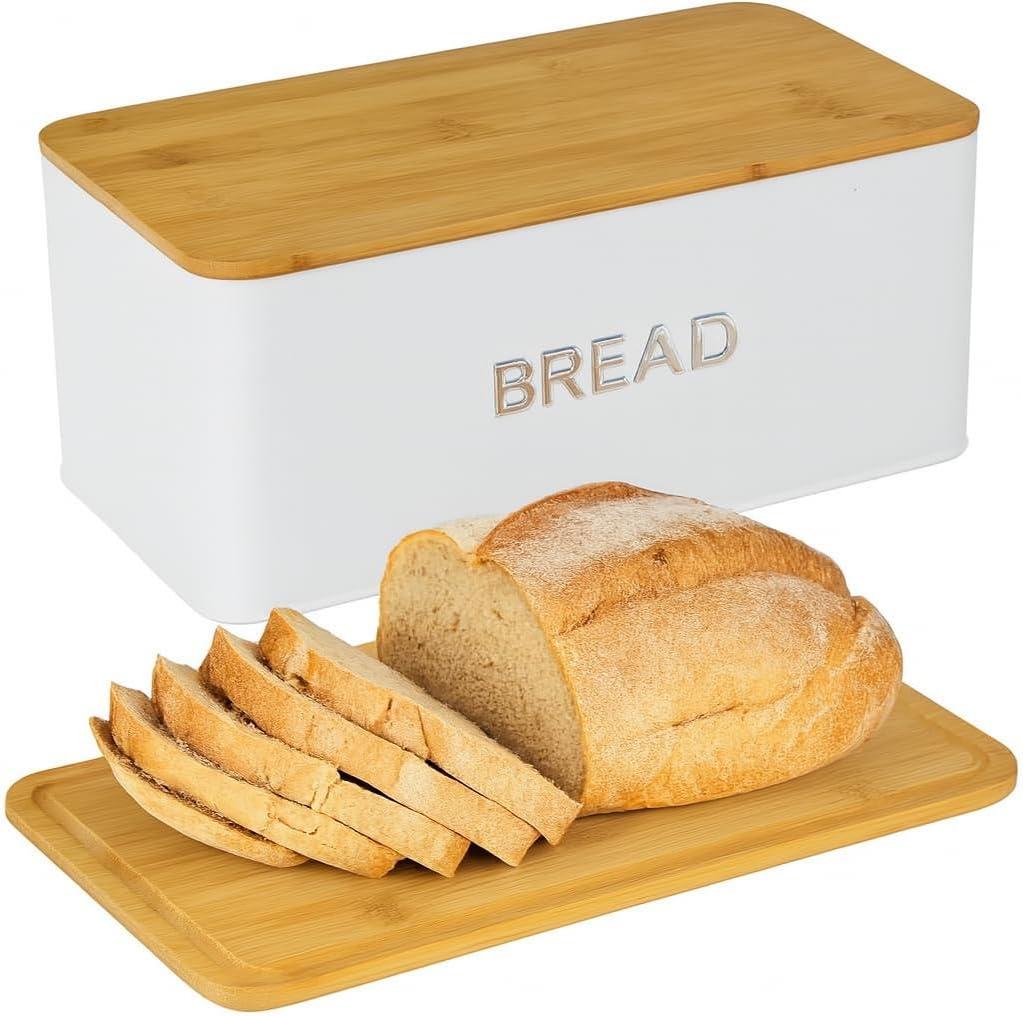 Culinary Couture White Bread Box for Kitchen Countertop with Bamboo Lid - Large BreadBox for Homemade Bread - Storage BreadBox with Cutting Board Lid (Brown)
