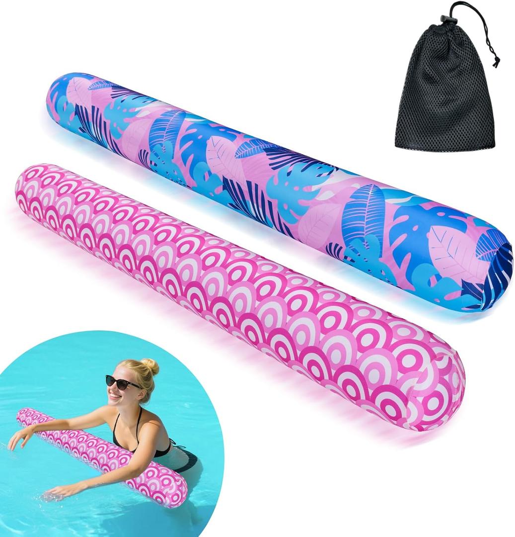 Inflatable Swimming Pool Noodle, 2 Pack Soft Fabric Quick Drying Covered Large Pool Floats Noodles, Premium Buoyancy Swim PoolFloats with Portable Storage Bag for Pool Party Toy (D-Pink Combination)