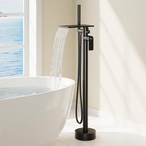 Freestanding Bathtub Faucet, Floor Mount Bathtub Faucet with 3 Water Outlet Modes, Swivel Waterfall Spout with Hand Shower, Brass Single Handle Tub filler, Max Flow Rate 7.4 GPM (Waterfall 2-Black)