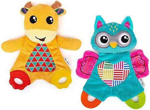 teytoy 2 Pcs Crinkle Toys for Baby with Teether, Baby Teething Sensory Toys Newborn Bib Saliva Soother Towel, Soft Snuggle Sleeping Security Blanket for Unisex Babies 0-36 Months Gifts(Owl and Deer)