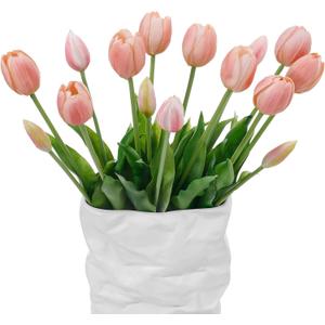 15 Pcs Fall Pink Artificial Tulips Fake Flowers, Premium Latex Lifelike Texture, UV Resistant Waterproof Faux Tulip Bouquets with Snap-on Petals for Outdoor, Home, Wedding Decor
