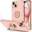 Hython for iPhone 15 Case with Ring Stand, 360 Rotatable Ring Holder Magnetic Kickstand, Plating Rose Gold Edge Soft Cover Women Girls Luxury Protective Phone Case for iPhone 15 6.1", Pink
