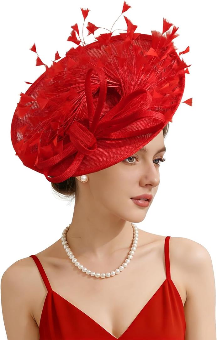 Unpifolov Fascinators Hats Elegant Women Flower Mesh Feathers Wedding Cocktail Bride Headband for Derby Hat Tea Party (One Size, Red)