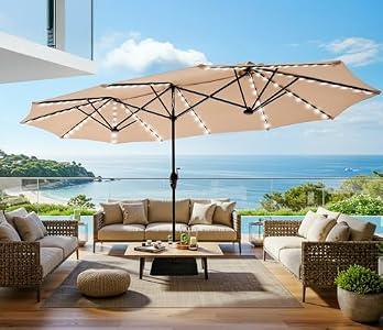 SUPERJARE 13ft Outdoor Patio Umbrella with Solar Lights, Double-sided Deck Pool Umbrella with 1.5 Inch Pole, Fade Resistant Canopy, 12 Sturdy Ribs, for Porch, Market, Backyard, Beige (No Base)