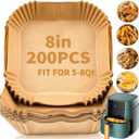 200 PCS Air Fryer Disposable Paper Liners,8 Inch Square Parchment Disposable Paper Liner for 5-8QT Air Fryer,Baking, Roasting and Microwave, Non-Stick Airfryer Accessories (Nature)