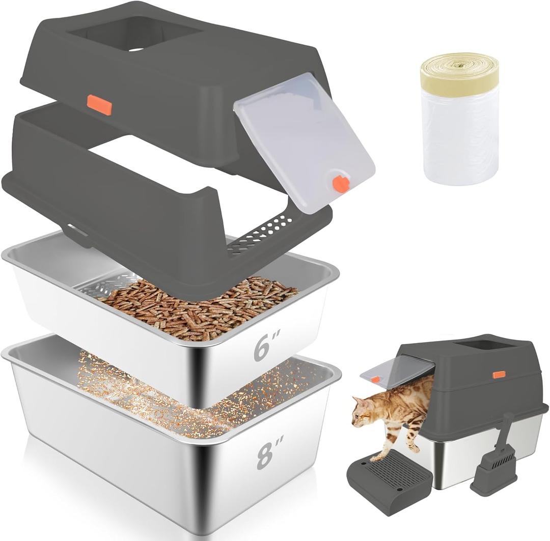 Stainless Steel Sifting Litter Box with Lid,23.6''x15.8''x8''Large Pellet Cat Litter Box,Metal Sifting Litter Boxes for Pine Pellets,Anti Urine Leakage,Include Foot Pedal&Scoop&Litter Bags (Dark Grey)
