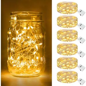 btfarm 6 Pack LED Fairy Lights Battery Operated 3 Modes, 7ft 20 Led Twinkle String Lights Waterproof, Mini Silver Wire Firefly Starry Moon Lights for DIY Christmas Mason jars Wedding Table Centerpiece (Warm White)