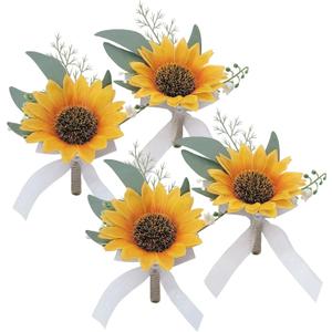 Artificial Sunflower Boutonniere,Bride Groom Bridesmaid Wedding Flower Corsage Set,Formal Party and Vintage Wedding.(4pcs Sunflower Boutonniere)