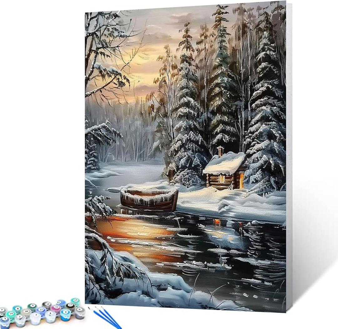 Winter Snow Scenery Paint by Numbers Kits 16x20 inch Canvas Abandon Wooden Boat DIY Oil Painting for Kids, Adults Beginner Fantasy Forest Artwork with Brushes, Home Decor Nordics Gift(DIY Frame)