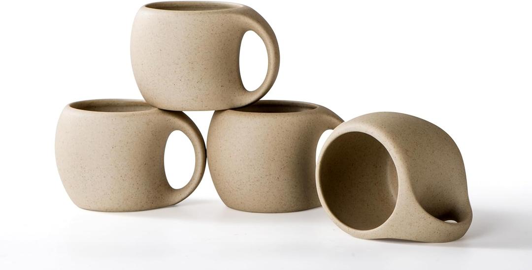 Ceramic Espresso Cups with Handle,6 OZ Ceramic Coffee Cups Set of 4,Cute Demitasse Cups for Double Shots,Cappuccino Cups Set for Small Latte,Tea,Cafe (Natural Beige,6 OZ)