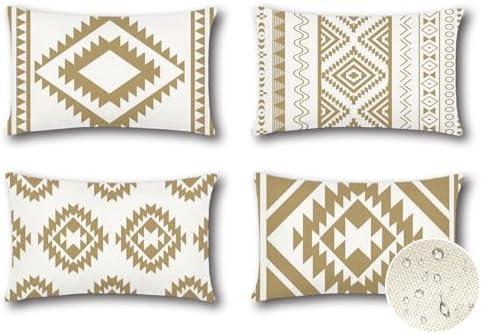 OTOSTAR Outdoor Waterproof Throw Pillow Covers 12x20 Inch Set of 4 Boho Farmhouse Outdoor Cushion Covers for Patio Funiture Garden（Geometry80-Khaki）