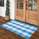 Fallovea Spring Rugs Blue and White Plaid, 28” x 43” Area Rug Outdoor Indoor Summer Front Porch Doormat Cotton Hand-Woven Layered Door Mats for Entryway Patio Entryway Laundry Bedroom