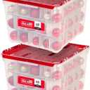 IRIS USA Small Figurine Storage Box with Attached Lid, Stores 75 Ornaments per Bin, 2-Pack, Stackable Durable Storage Organization Container Bin for Seasonal Decorations and Accessories, Clear/Red