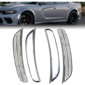 ROCCS 4PCS LED White Side Marker Lights Compatible with Dodge Charger SRT Hellcat Scat Pack 2015-2023 Front Rear Bumper Turn Signal Light, OEM part number 68214405AA/68214404AA/68214127AA, Clear Lens