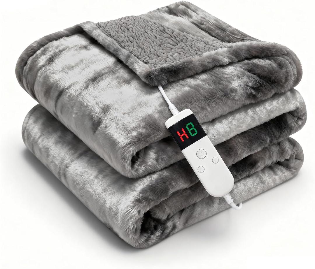 Cushious Electric Heated Blanket Throw 50''x60''Size Faux Fur Heating Blanket 10 Heating Settings, 18h Timer & Overheat Protection, Machine Washable, Soft Flannel and Sherpa Full Body Warmth