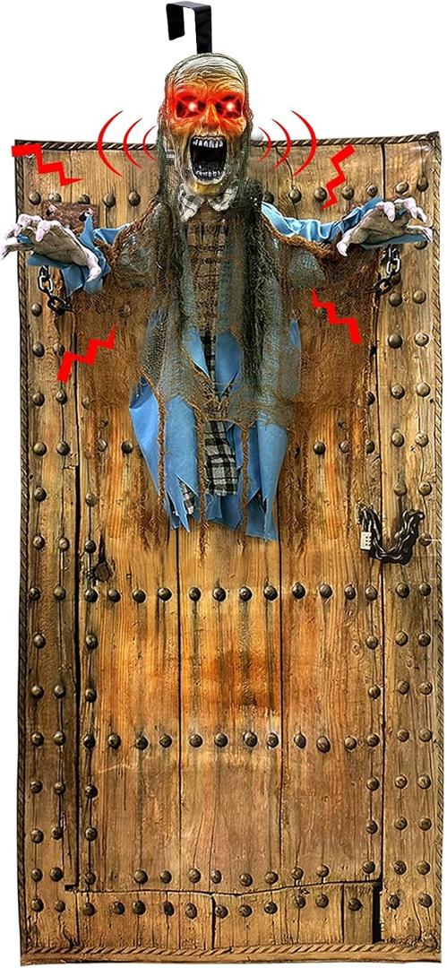 [ Hanging Door Design ] 76'' Halloween Outdoor Decorations Animatronic Zombie Ghost with Light Up Red Eye Shake Effect, Creepy Sound Activated Halloween Posable Haunted House Prop for Front Door Decor
