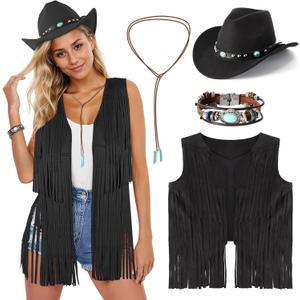 Western Outfits for Women Cowgirl Outfits Cowgirl Vest Boho Cowboy Hat Fringe Vest for Halloween Cosplay (Large, Black)