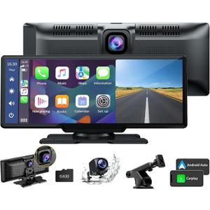 LAMTTO 9.26" Wireless Carplay and Android Auto with 2.5K Dash Cam, 1080P Backup Camera, Portable Touchscreen GPS Navigation for Car, Car Stereo Receiver with Bluetooth,AirPlay,AUX,FM,Googel,Siri
