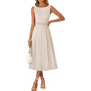 ZESICA Women Summer Sleeveless Midi Dresses 2026 Elegant Boat Neck A Line Tie Waist Spring Cocktail Party Dress Apricot, Medium