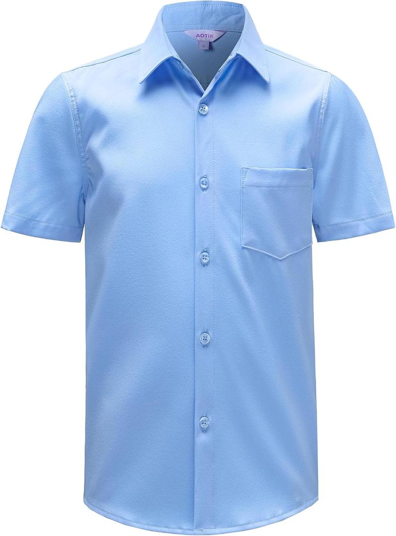Boys Stretch Wrinkle Free Dress Shirts Button Down Shirt Short Sleeve Formal School Uniform Shirts, Size 14