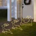 Christmas Pathway Lights Outdoor, Set of 3 Reindeer and Sleigh Christmas Walkway Decoration, with 150 Warm White Lights and 8 Lighting Modes