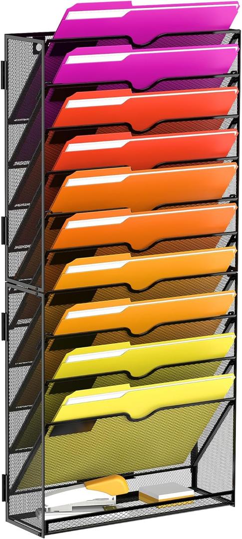 11-Tier Wall File Organizer, Wall File Holder Mesh Mail Organizer for Papers, Folders, Letters, Magazine Rack for Office Home Classroom, Black