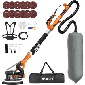 Drywall Sander with Vacuum Dust Collector, 1050W 7.33A Popcorn Ceiling Removal Tool, LED Light, 5 Variable Speed 1000-2100RPM, Foldable & Extendable Handle, 12 Sanding Discs (Orange-black)