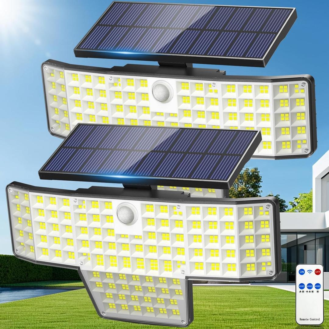 Solar Lights Outdoor, 2PACK 448 LED Wall-Mounted Flood Light, 3500LM IP65 Waterproof Solar Street Lights with Motion Sensor and Remote Control for Dusk-to-Dawn Illumination