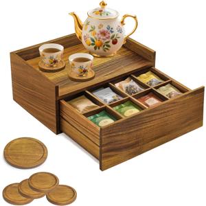 Idefair Acacia Wood Tea Box Organizer Storage Box with 5 Wooden Coasters, Tea Bags Organizer Chest Storage with Drawer, Tea Bag Box for Coffee Teabgs Countertop Display