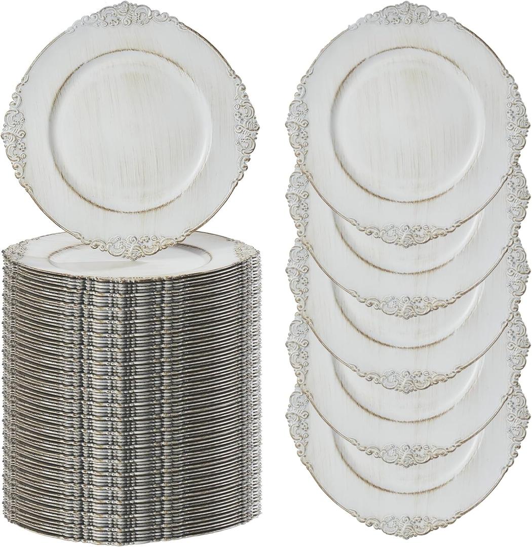 MAONAME 13" Antique White Charger Plates Set of 100, Embossed Plate Chargers Bulk, Round Charger for Dinner Plates, Plastic Table Chargers for Wedding Decor, Large