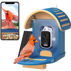 VINGUYS Bird Feeder with Camera, 2.5K UHD Smart Bird Feeder Camera AI Identifies 11,000+ Bird's Species, Auto-Capture Bird's Video, IP66 Waterproof Outdoor Solar Powered, Ideal Gift for Mom, Blue (Blue)