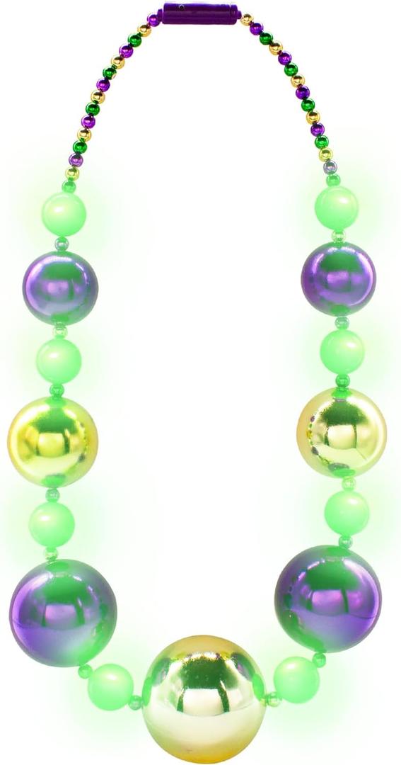 Windy City Novelties LED Light Up 44" Jumbo Bead Necklace with 3 Dynamic Light Modes for Festive Fun (Green/Gold)