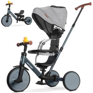 RIDYEE 8-in-1 Tricycle for 1.5-5 Years, Tool-Free Switch, Toddler Tricycle with Parent Steering Control Handle for 1.5 to 5 Yrs, Toddler Trike 1.5-3 Years with 5-Point Harness and Large Canopy, Grey