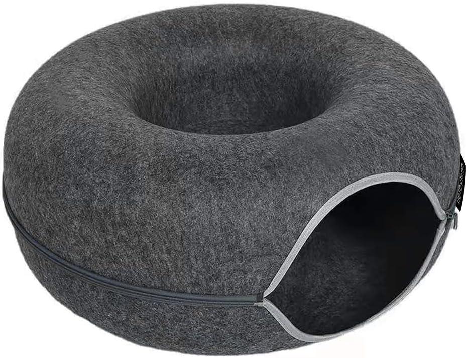 Tunnel nest, Donut nest, Fun Ventilation Peephole, Detachable Zipper cat Bed, Felt Washable, All Season Universal cat Bed Suitable for Cats (Dark Gray, Small)