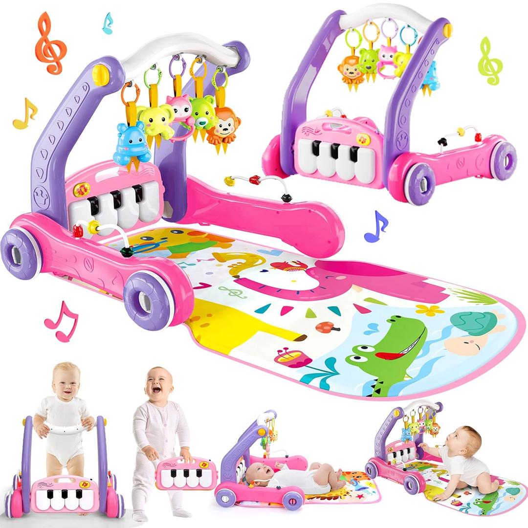 4-in-1 Baby Gym Play Mat with Learning Walker, Tummy Time Mat & Baby Push Toys for Newborn Infant 0-3-6-9-12 Month Boy Girl, Babies Activity Center with Play Piano & Lights, Ideal Toddler Babies Gifts (Pink)