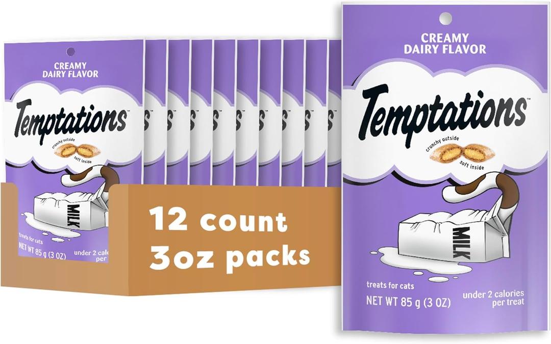 Temptations Classic Crunchy and Soft Cat Treats, Creamy Dairy Flavor, 3 oz. Pouch (Pack of 12)
