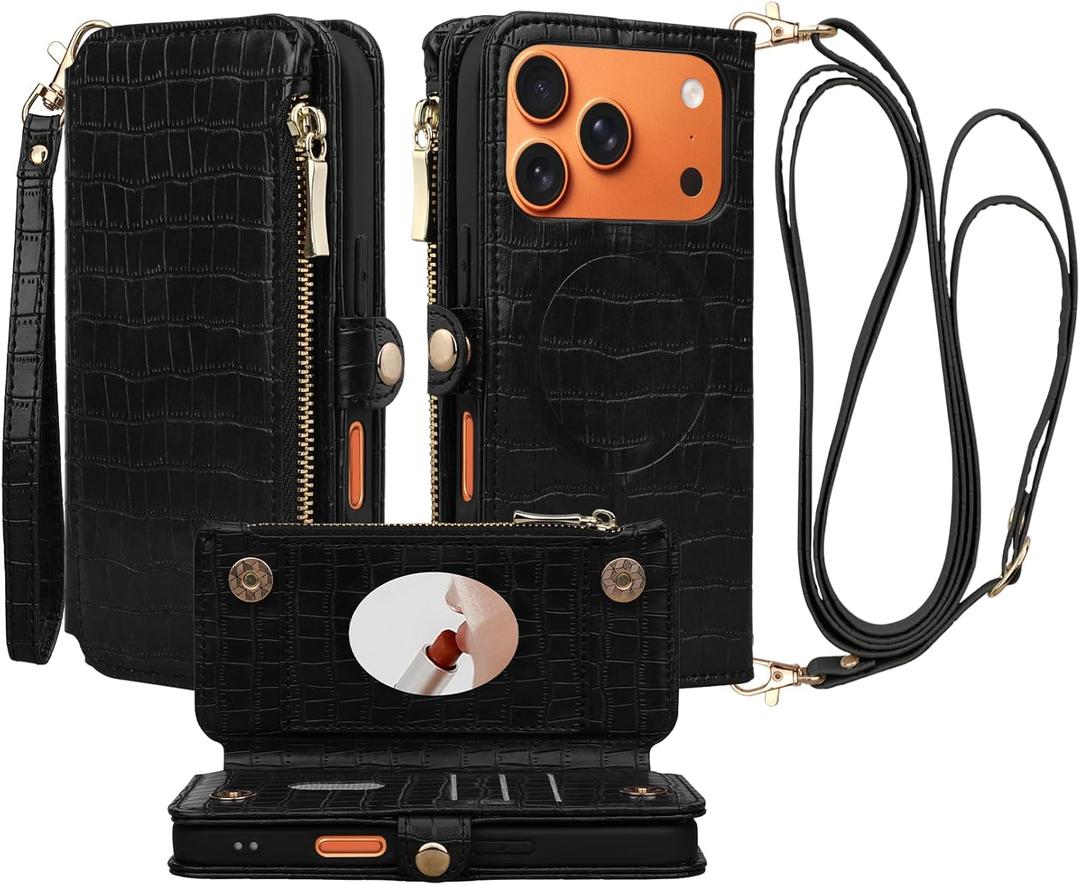 Crossbody Wallet Case for iPhone 17 Pro with Mirror, Wrist Strap, Zipper Purse Magnetic Flip, RFID Blocking Card Holder, Wireless Charging, PU Leather Shockproof 6.3" Women (Black)