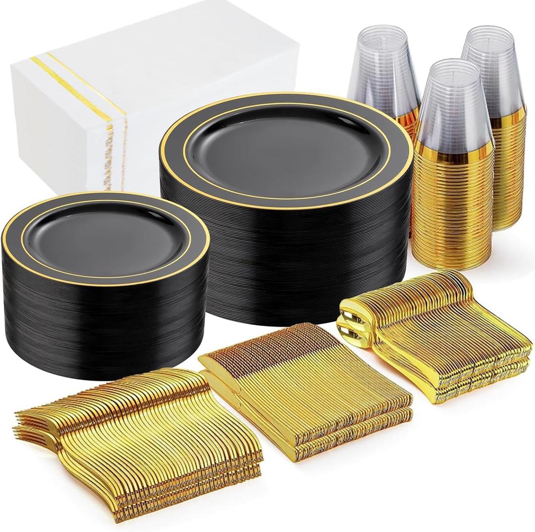 GATHER 350PCS Black Plastic Plates - Black and Gold Disposable Dinnerware Set Include 100 Plates, 150 Gold Silverware, 50 Napkins, 50 Cups for Party & Wedding & Birthday