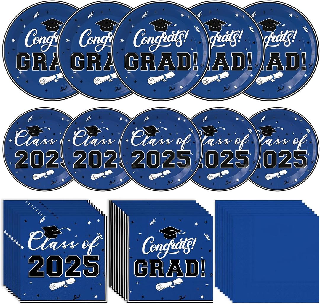 Graduation Decorations 2025, 200 Pcs Navy Blue Class of 2025 Graduations Party Supplies Kit with Paper Plates, Luncheon Napkins, Cocktail Napkins, Congrats Grad Decorations for 50 Guests (Blue)