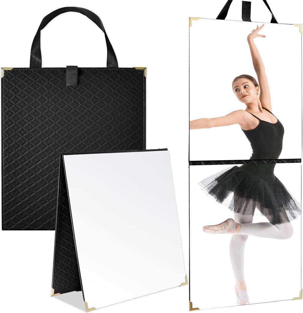 Chunful Frameless Travel Hanging Mirror Leather Foldable Full Length Backstage Makeup Mirror with Handle for Travel Dance Competition Home Fitness Gift(Black,24.61 x 11.22 Inches)