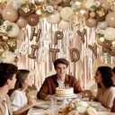 Brown Birthday Decorations, Brown Tan Beige Gold Foil Confetti Balloons Happy Birthday Banner Gold Butterfly Fringe Curtains Birthday Decorations for Women Girls
