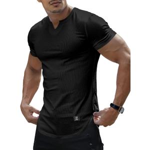 PLEPAN Mens Muscle T Shirts V Neck Short Sleeve Henley Shirt (Black, L)