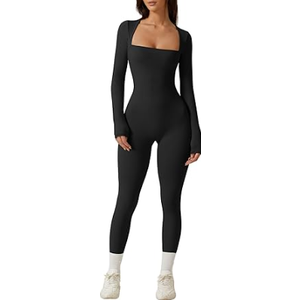 QINSEN Womens Sexy Square Neck Long Sleeve Full Length Leggings Bodycon Stretch Jumpsuit M