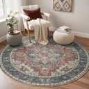 GENIMO 5FT Round Area Rugs for Living Room, Circle Rugs Machine Washable Low Pile, Chenille Non Slip Vintage Rug for Bedroom, Dining Room, Home Office, Bordeaux