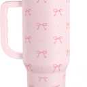Gift for Women Girls - Coquette Bow Stainless Steel Tumbler with Handle, Travel Coffee Mug - Gifts for Birthday Christmas, 40oz
