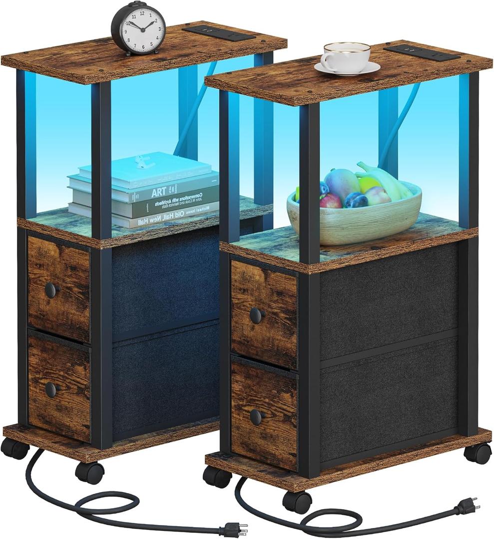TUTOTAK Small Narrow End Tables, LED Side Tables with 2 Fabric Drawers, Set of 2, Bedside Tables with Charging Station for Small Spaces, Slim Nightstands with USB Ports and Wheels, TB01BB053CL (Brown and Black)