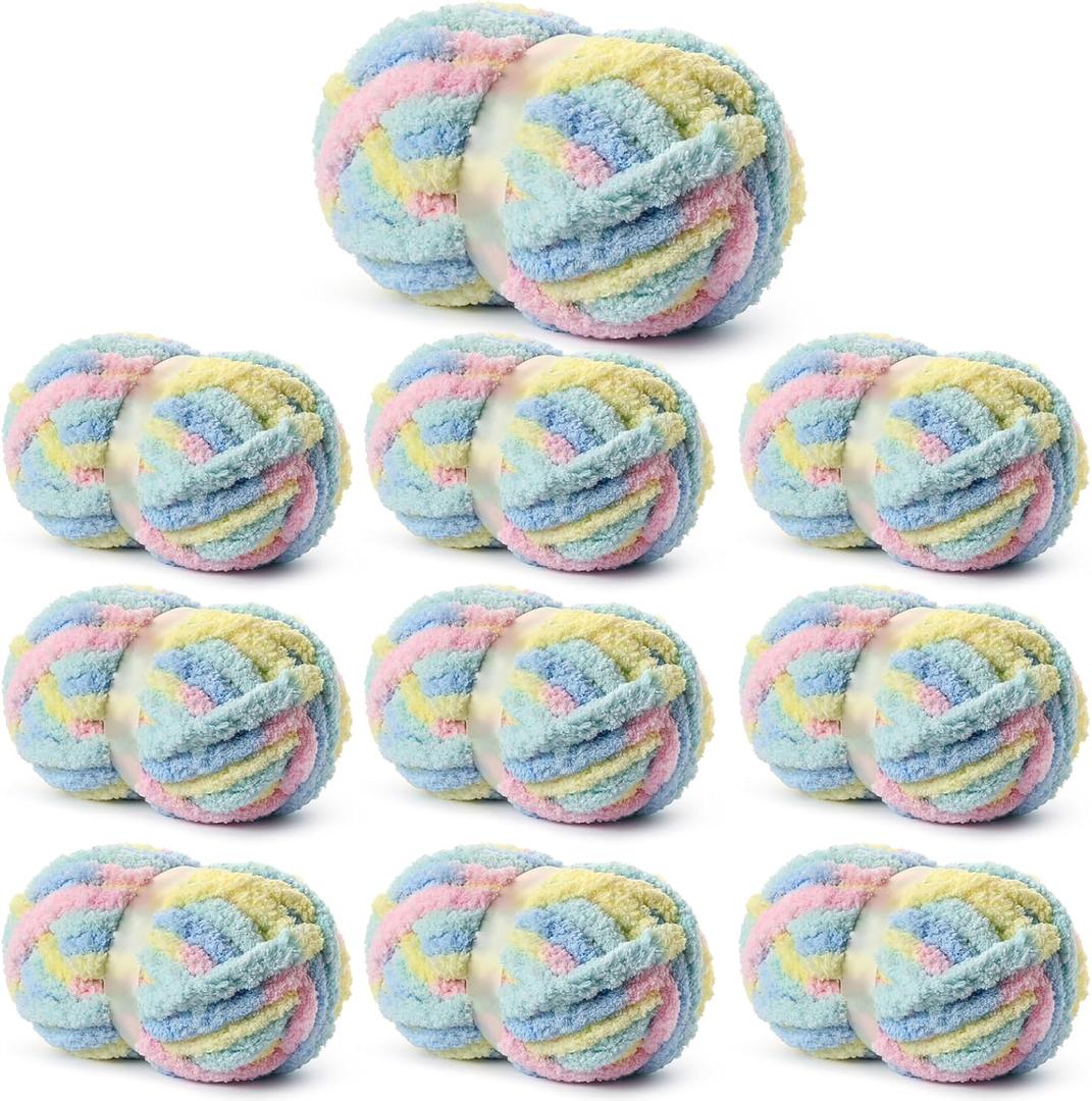 10 Pack Fluffy Chunky Chenille Yarn for Crocheting, Jumbo Chunky Blanket Yarn for Hand Knitting, 240yds/70.5oz Super Bulky Variegated Baby Blanket Yarn(Candyfloss)