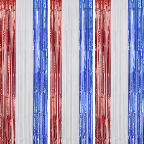 DECOCKRAT 3 Pack Foil Fringe Backdrop - Red & White & Blue Shiny Tinsel Curtains for Party Decoration/Photo Booth Props - 3.3x8.2 FT Metallic Foil Backdrop for Birthday, Wedding, Graduation, Christmas.