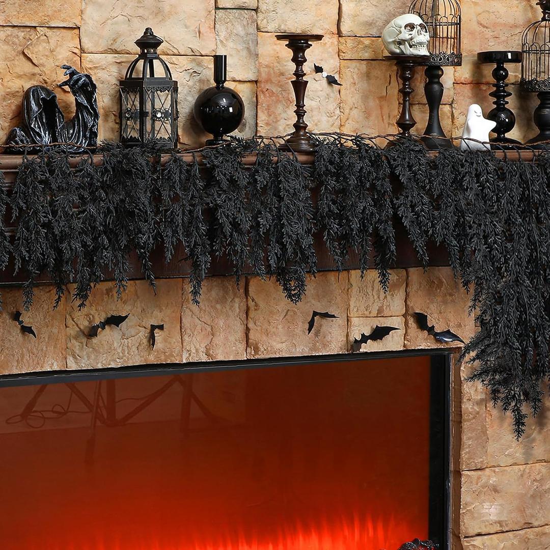 XunYee Black Christmas Garland 6 Feet Spooky Christmas Cedar Garland Mantel Fireplace Artificial Faux Trailing Realistic Gothic Hanging Vine Twigs for Thanksgiving Party Outdoor Indoor Home Decor