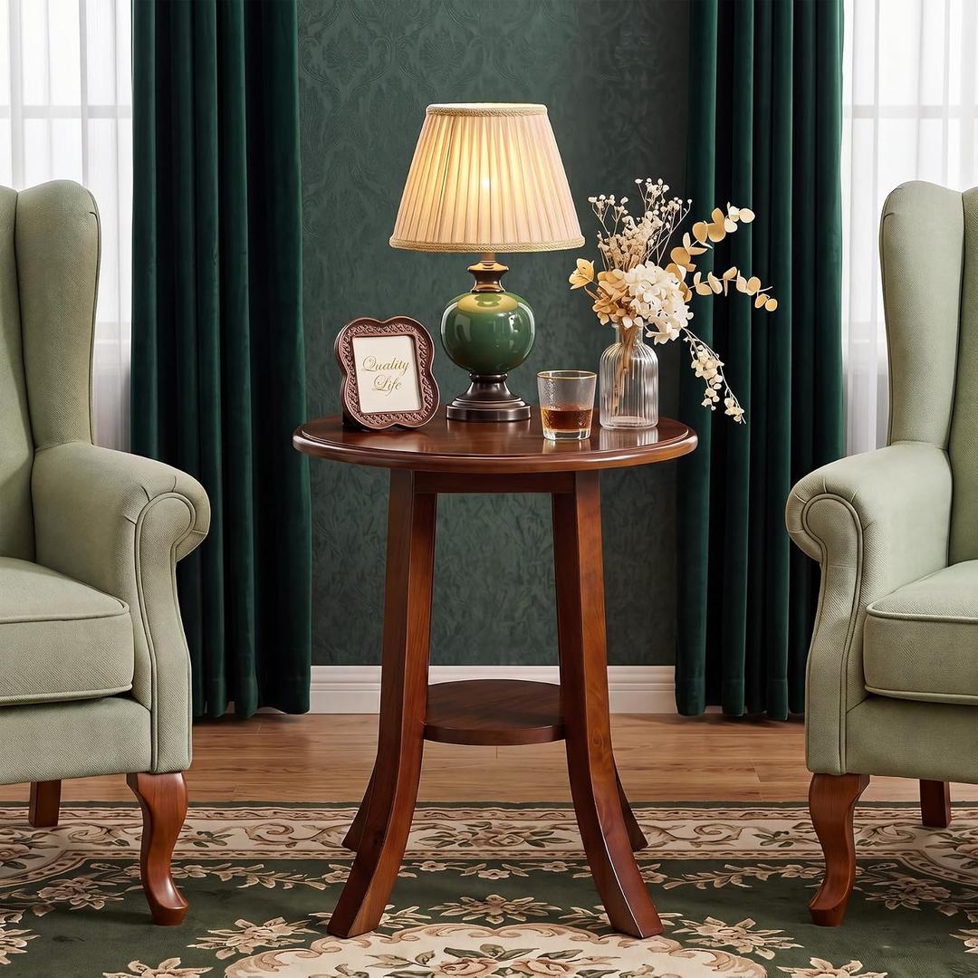 LITTLE TREE Round End Table,2-Tier Solid Wood Side Table,Small Accent Table